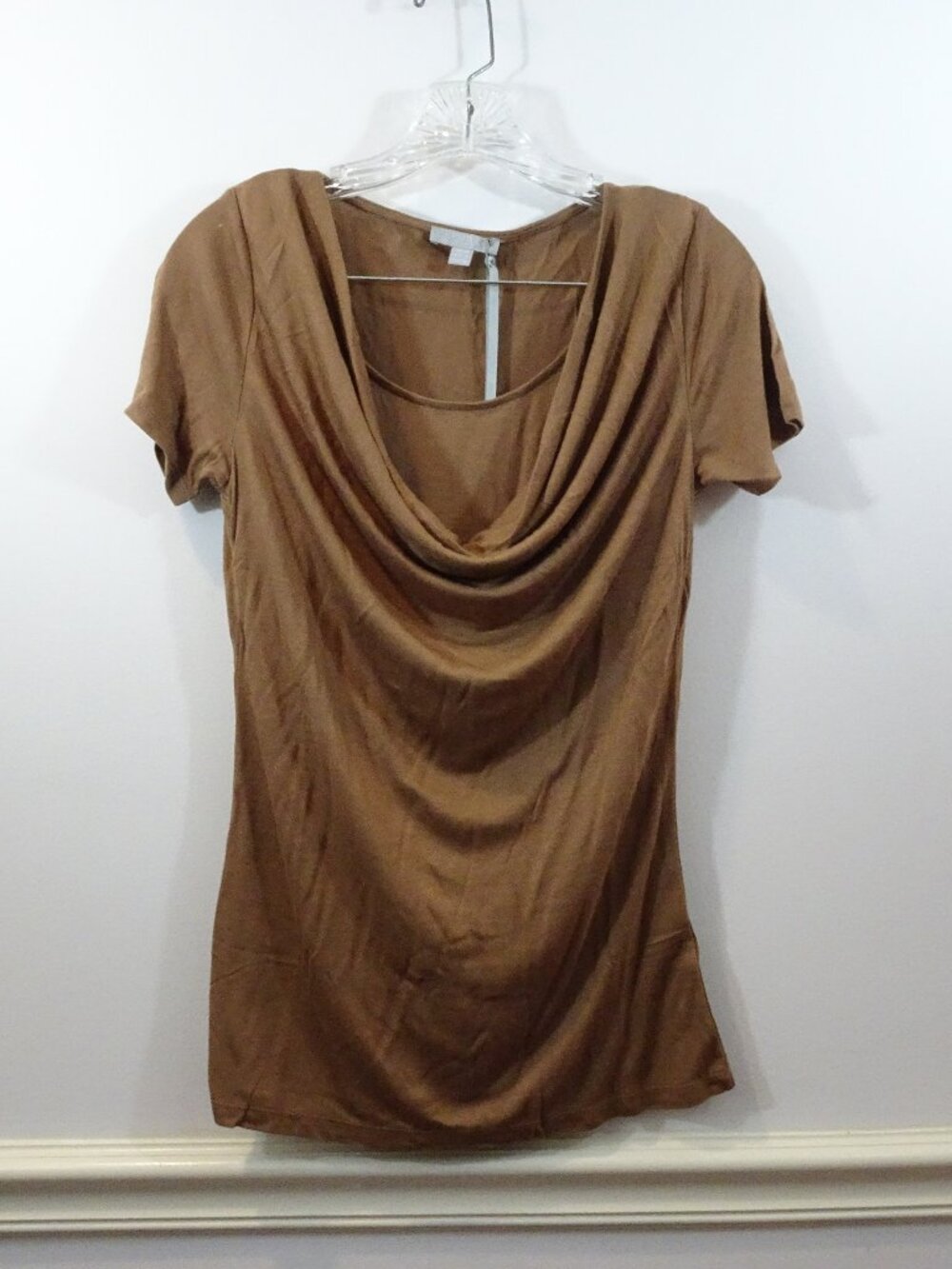 Pure Collection Drape Neck Top Size 4 Tan Camel Viscose Short Sleeve NEW
